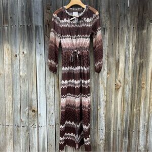 Vintage 1970’s Luigi Of Naples Chevron Print Boho Puff Sleeve Maxi Dress Brown 6